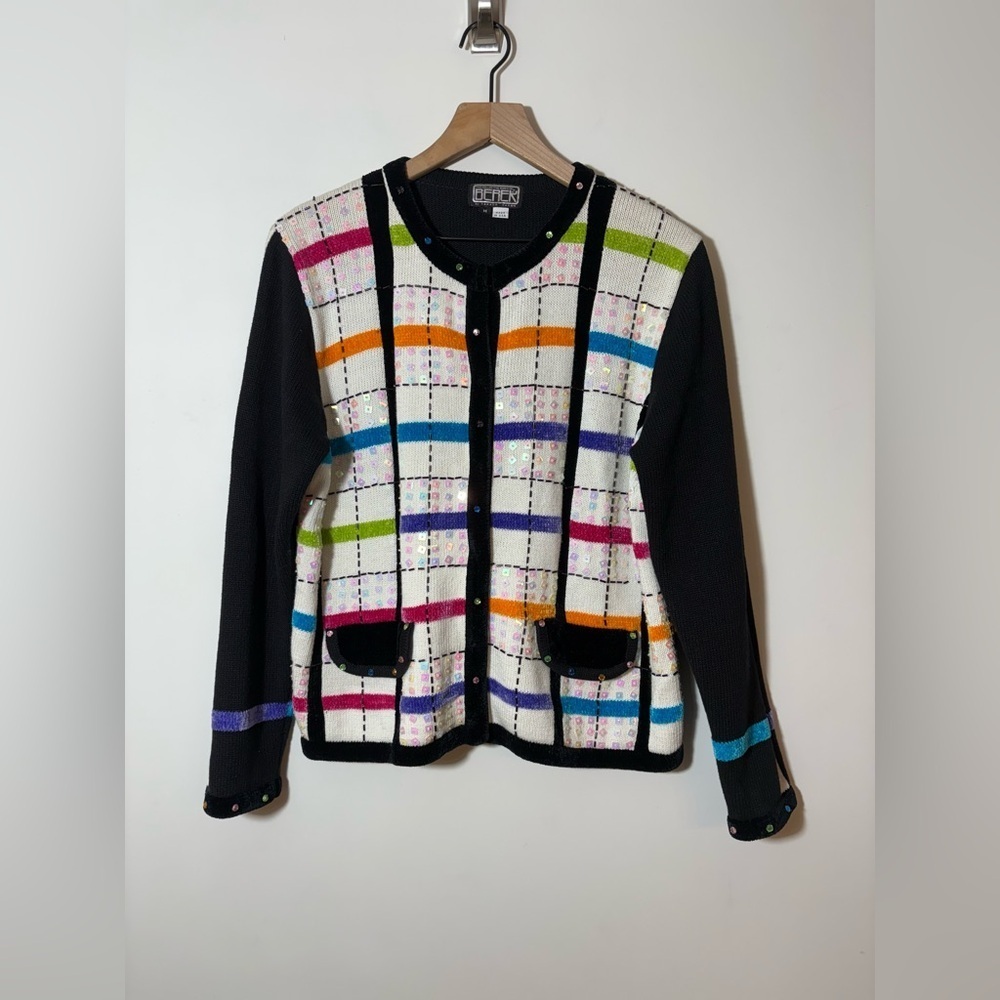 Vtg Berek2 Takako Women M Sequined Embellished Square Beaded Cardigan Sweater